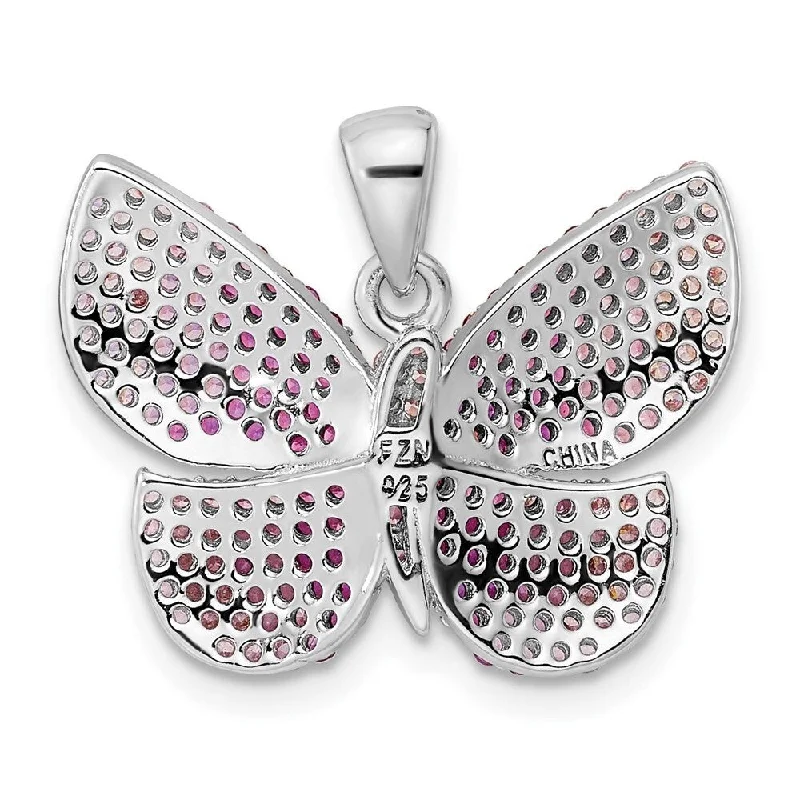 elegant crystal pendant necklace-Diamond2Deal 925 Sterling Silver Rhodium-plated Pink Cubic Zirconia Butterfly Pendant (L-21.58mm, W-22.13mm)