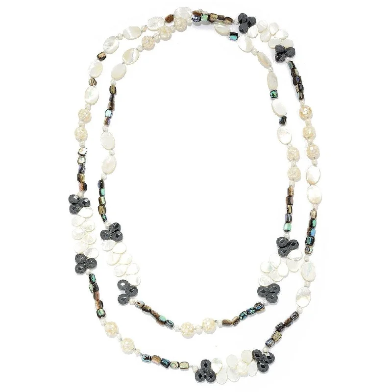 geometric bar necklace-"Gems of the Sea" 72" White Mother-of-Pearl Endless Bead Necklace