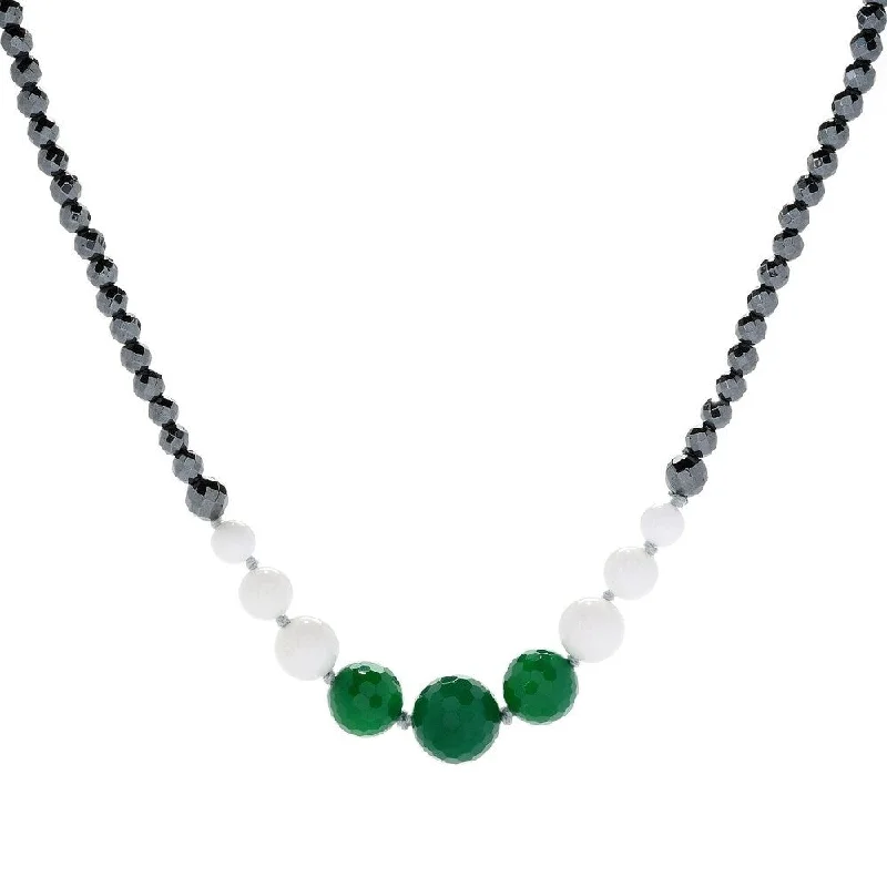 gold link charm necklace-Green Agat Hematite, White Agate & Gemstone Bead Necklace 42"