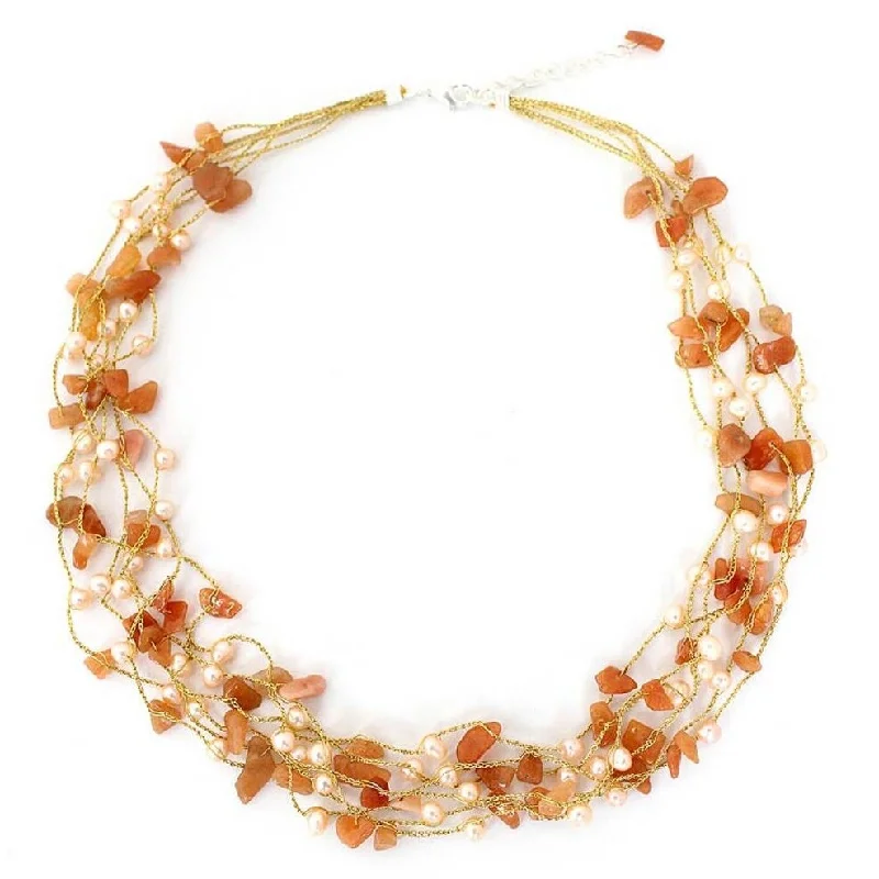 double layer chain necklace-Handmade Aventurine 'Afternoon Glow' Pearl Necklace (Thailand) - 8'3" x 11'