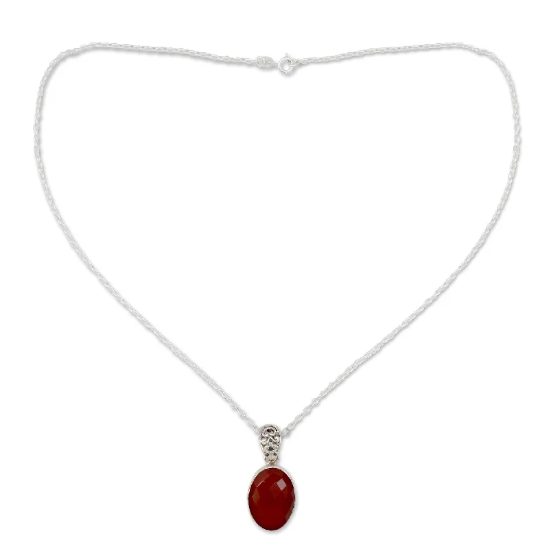 silver leaf charm necklace-Handmade Carnelian Pendant Necklace, 'Radiant Facets' (India) - 7'6" x 9'6"