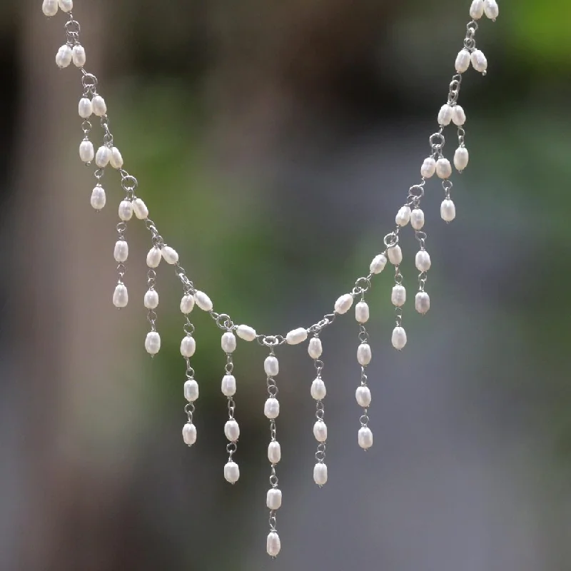 bohemian necklace-Handmade Sterling Silver 'Elegant Princess' Cultured Pearl Necklace (3 mm) (Indonesia)