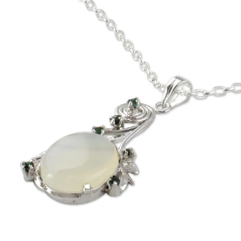 statement pendant chain necklace-Handmade Sterling Silver 'Enchanted Moon' Moonstone Emerald Necklace (India)