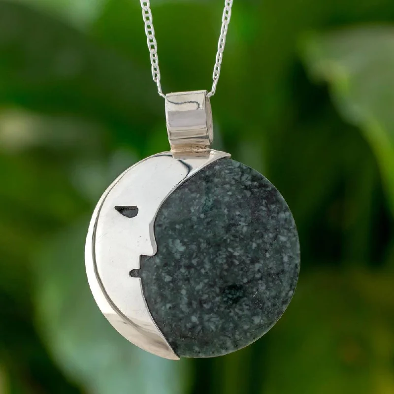 moon charm necklace-Handmade Sterling Silver 'Face of the Moon in Dark Green' Jade Necklace (Guatemala)