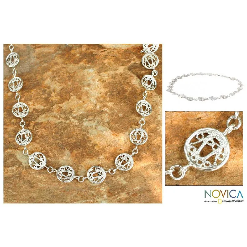 beaded necklace with pendant-Handmade Sterling Silver 'Filigree Moon' Link Necklace (Thailand)