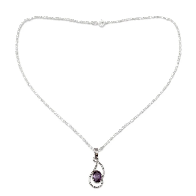 trendy heart pendant necklace-Handmade Sterling Silver 'Hindu Sonnet' Amethyst Necklace (India)