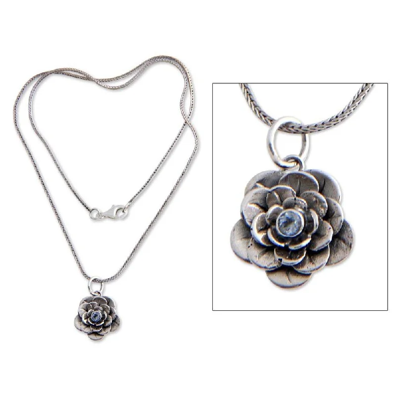 pearl charm necklace-Handmade Sterling Silver 'Holy Lotus' Blue Topaz Flower Necklace (Indonesia)