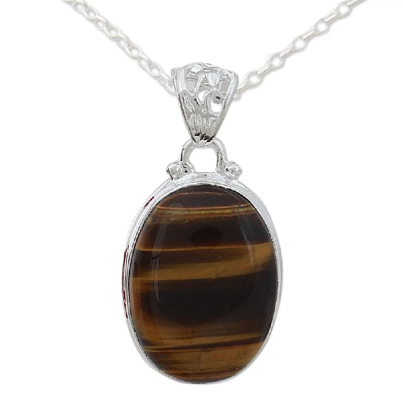 gold link charm necklace-Handmade Sterling Silver 'Hypnotic Feline' Tiger's Eye Necklace (India) - 7'6" x 9'6"