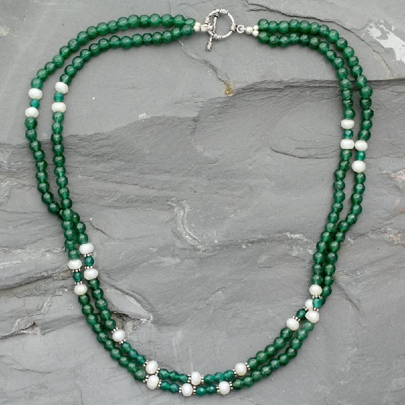 turquoise stone necklace-Handmade Sterling Silver 'Indian Meadows' Aventurine Onyx Pearl Necklace (6mm) (India)