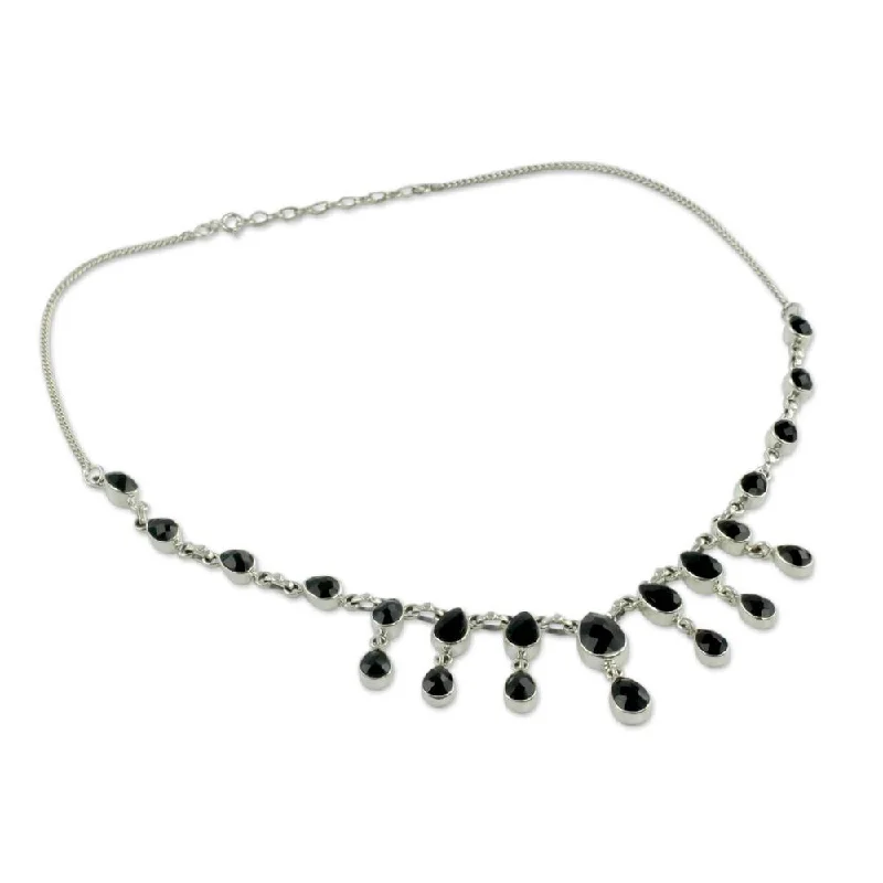 custom birthstone necklace-Handmade Sterling Silver 'Midnight Cascade' Onyx Necklace (India)