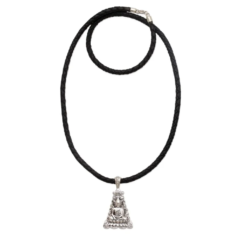 classic pearl necklace-Handmade Sterling Silver Pendant Necklace, 'Triangle Padma Buddha' (Indonesia) - 7'6" x 9'6"