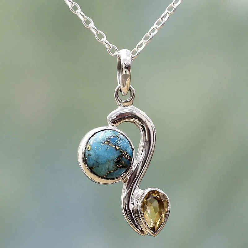 personalized couple’s silver necklace-Handmade Sterling Silver 'Sparkling Planet' Citrine Turquoise Necklace (India)