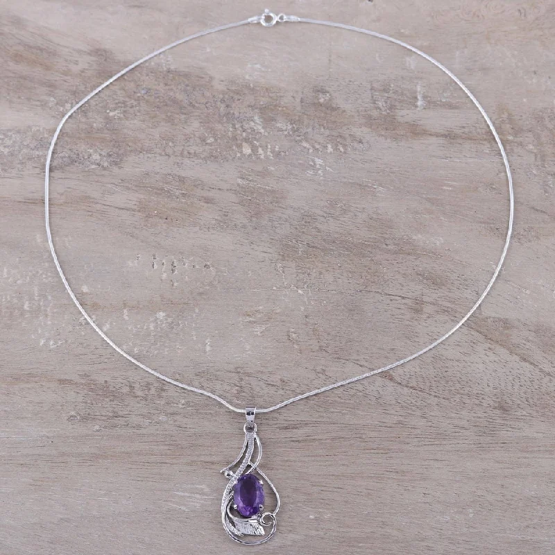 trendy heart pendant necklace-Handmade Sterling Silver Sweet Sonnet Purple Amethyst Pendant Necklace (India) - 0.6"x1.8"