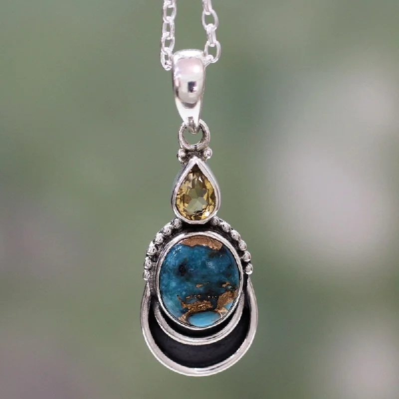 engraved pendant necklace for women-NOVICA Handmade Sterling Silver Eternal Allure Citrine Turquoise Necklace (India)