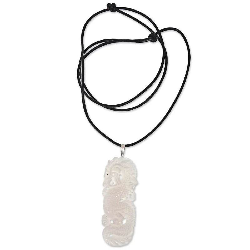 long gemstone necklace-NOVICA Handmade White Dragon Guardian Leather Necklace (Indonesia)