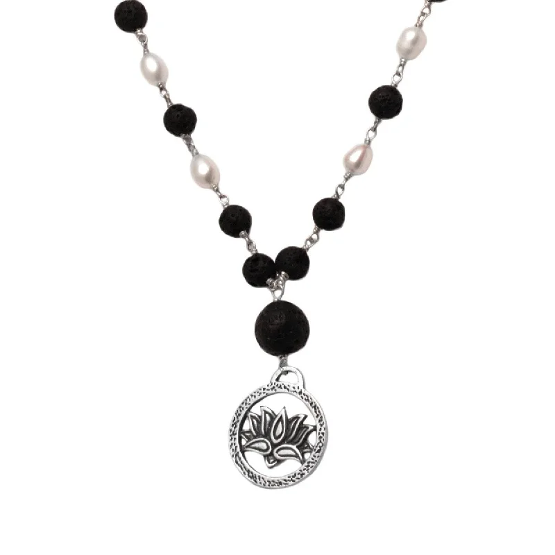 men’s silver charm necklace-NOVICA Lotus Power, Cultured pearl and lava stone pendant necklace