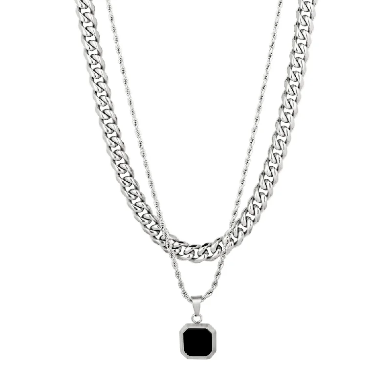 custom engraved pendant necklace-Onyx Set - (Silver)