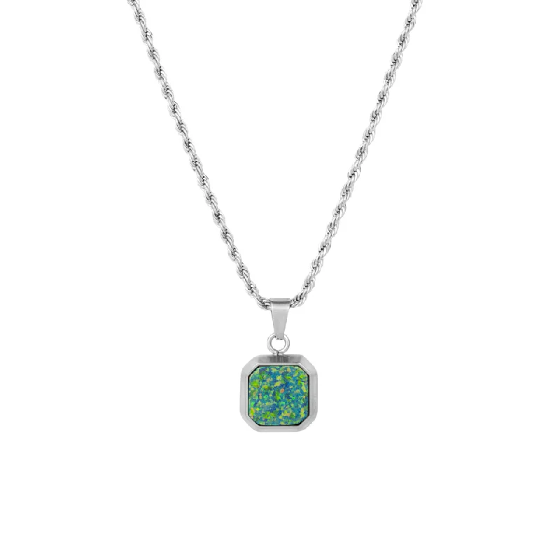 geometric bar necklace-Opal Stone Pendant - Silver