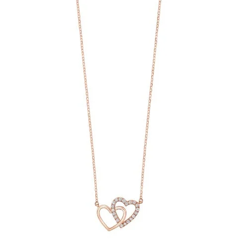 leather cord necklace-Diamond Double Heart Pendant Necklace In 14k Yellow Gold (0.08ctw)