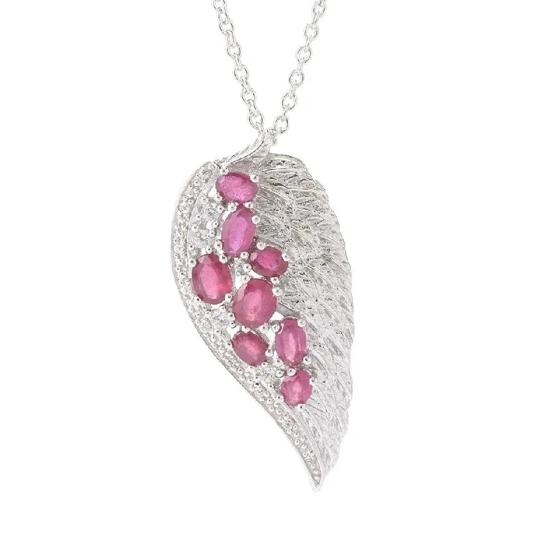 silver choker necklace-Platinum over Stering Silver Ruby and White Zircon Angel Wing Necklace