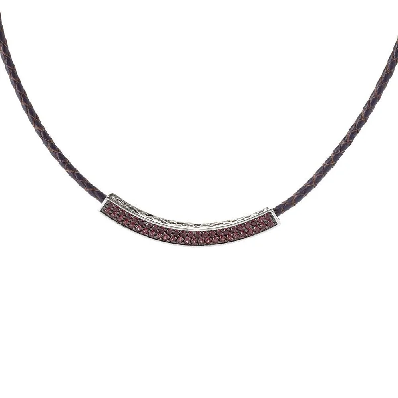 silver drop necklace-Platinum over Sterling Silver Rhodolite Curved Braided Leather Necklace