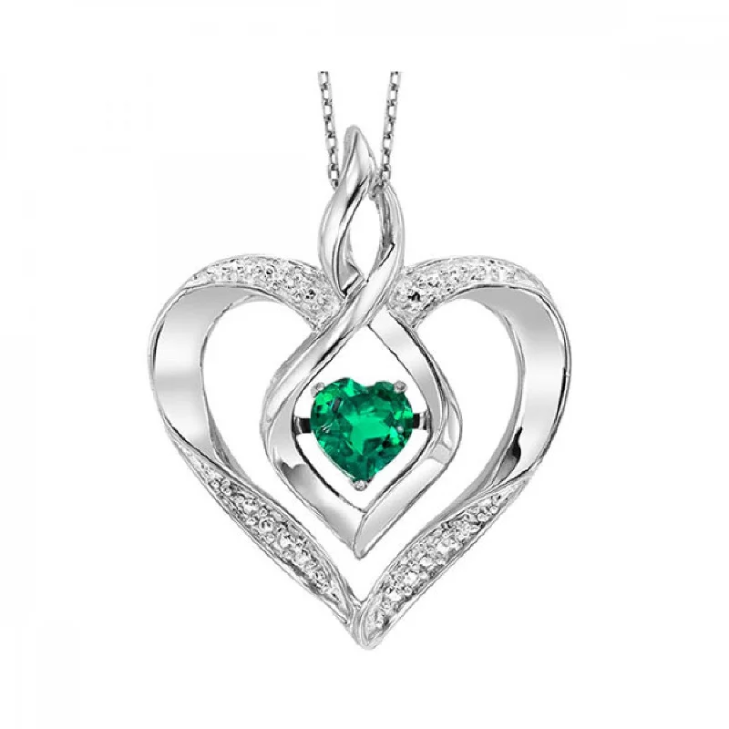 Silver Diamond and Gemstone Pendant Necklace- Emerald (May)