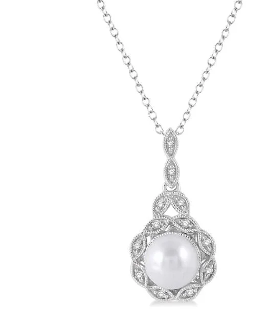 personalized engraving necklace-Silver Pearl & Halo Diamond Pendant