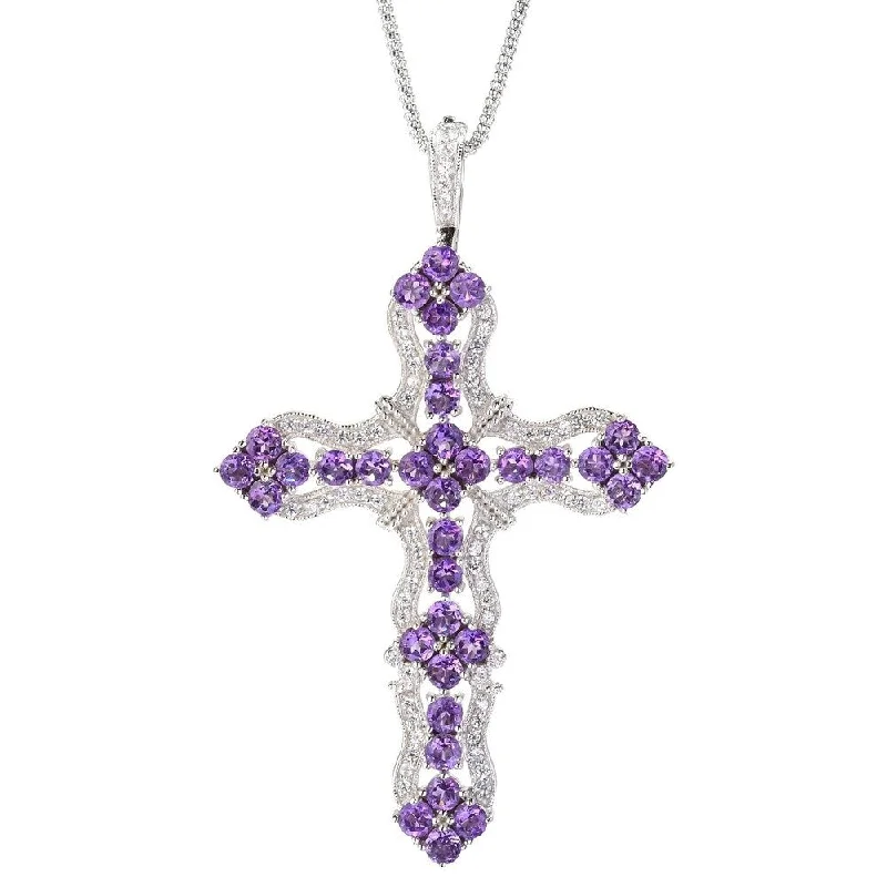 luxury gemstone necklace-Ster Silver African Amethyst & White Zircon Cross Enhancer w/24" Chain