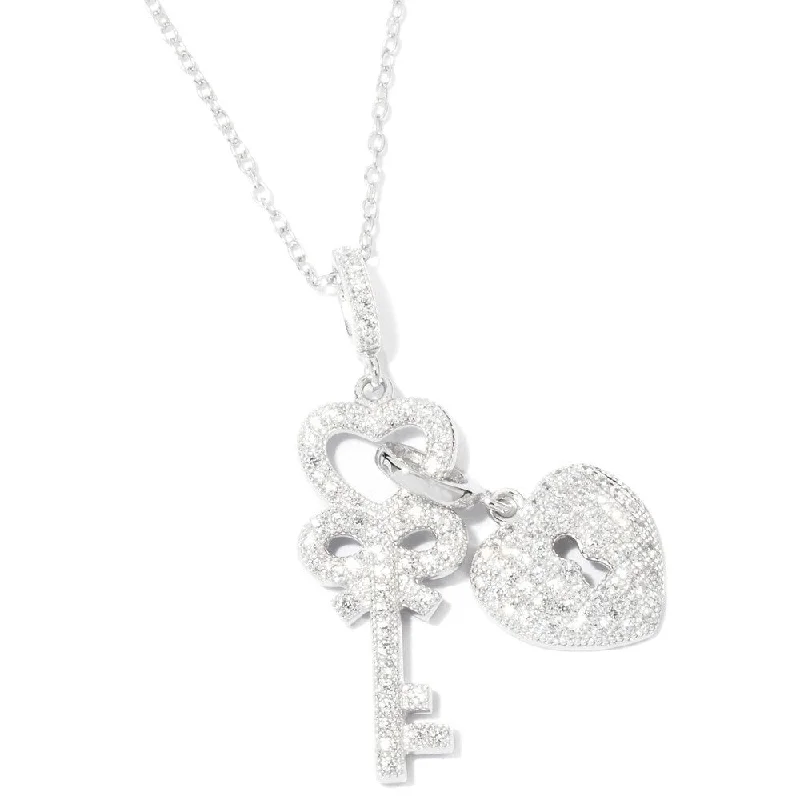 men’s gold pendant necklace-Ster Silver White Cubic Zirconia Lock & Key Pendant with 18' Chain