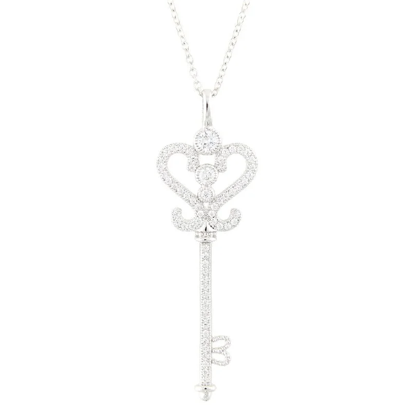 heart shaped choker necklace-Sterling Silver 0.88ctw White Cubic Zirconia Key Pendant with 18' Chain