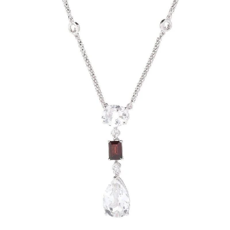 silver flower pendant necklace-Sterling Silver 11ctw Red Garnet & White Topaz Necklace 18"