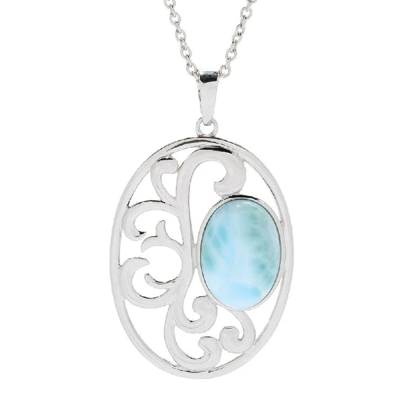 vintage style charm necklace-Sterling Silver 18 x 13mm larimar Oval Openwork Enhancer Pendant w/ 30" Chain