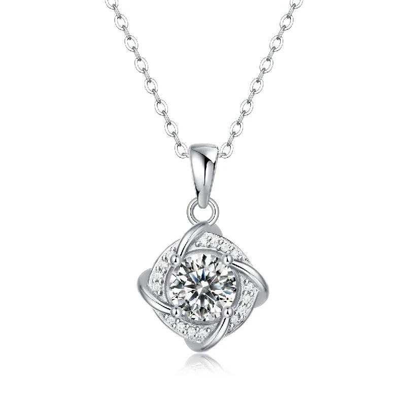 choker necklace with pendant-Sterling Silver 1ct Lab-Grown Moissanite Solitaire Pave Anniversary Love Knot Necklace