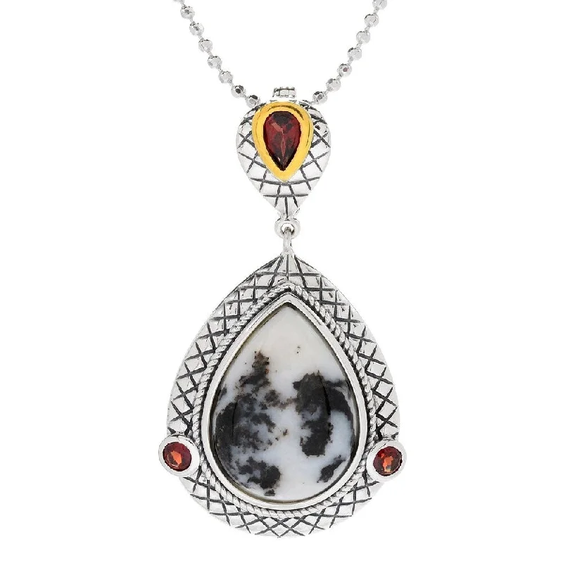 women’s statement choker necklace-Sterling Silver 26 x 20mm White Buffalo & Garnet Enhancer Pendant w/ 18" Chain