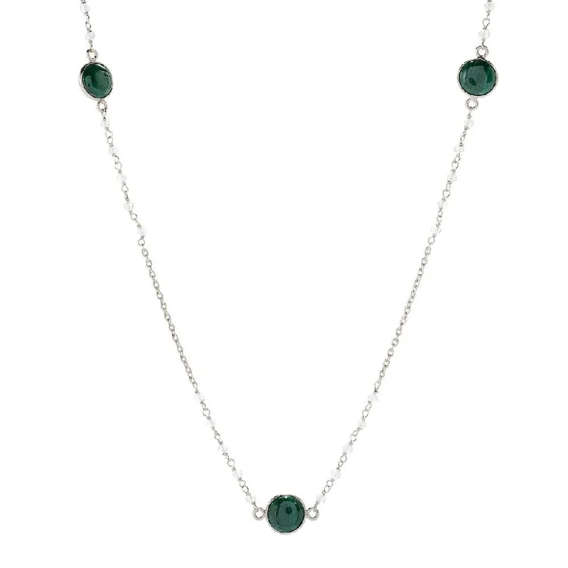 sterling silver moon necklace-Sterling Silver 36" 10mm Malachite & Rainbow Moonstone Station Necklace