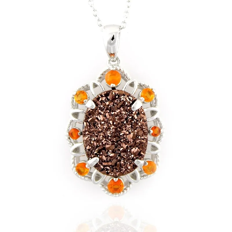 chic crystal pendant necklace-Sterling Silver 5.5Ctw Fire Opal & Mocha Drusy 1.25"L with 18" Chain