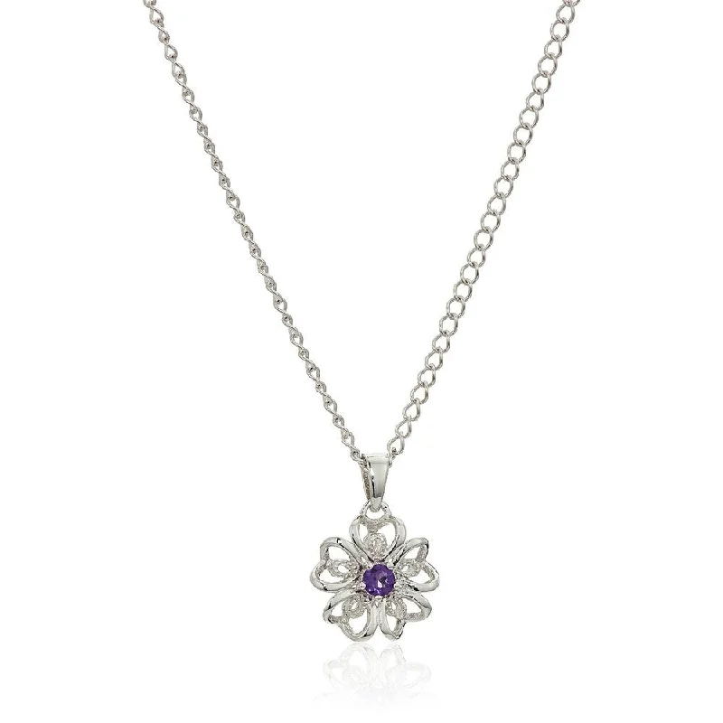 engraved bar pendant necklace-Sterling Silver African Amethyst Flower Pendant Necklace, 18"