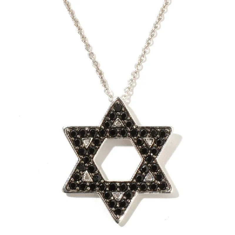 gold engraved necklace-Sterling Silver Black Spinel Round Star of David Pendant Necklace