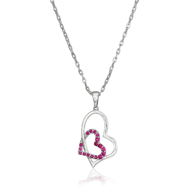 layered pendant chain necklace-Sterling Silver Burmese Ruby Double Heart Pendant Necklace, 18"