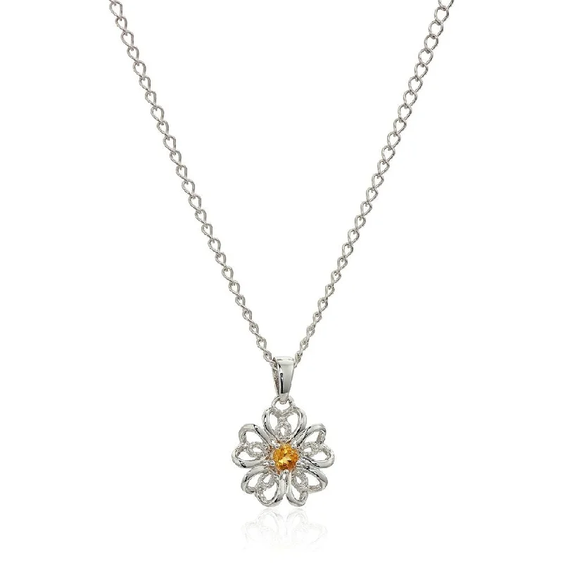 delicate gemstone chain necklace-Sterling Silver Citrine Black Flower Pendant Necklace, 18" - Yellow