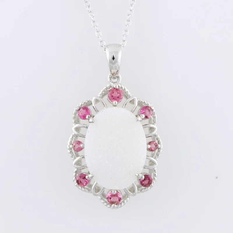 crystal drop necklace-Sterling Silver Drusy Pink Stone Necklace