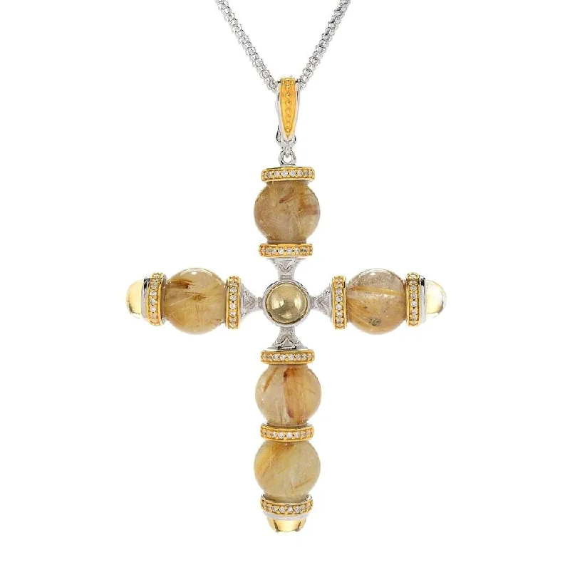 simple gold chain pendant necklace-Sterling Silver Golden Quartz Bead Cross w/ 18" Chain