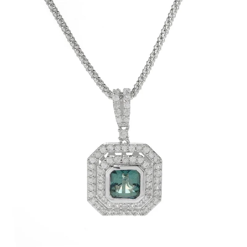 cute charm necklace for women-Sterling Silver Green Quartz & White Zircon Halo Pendant w/ 18" Chain