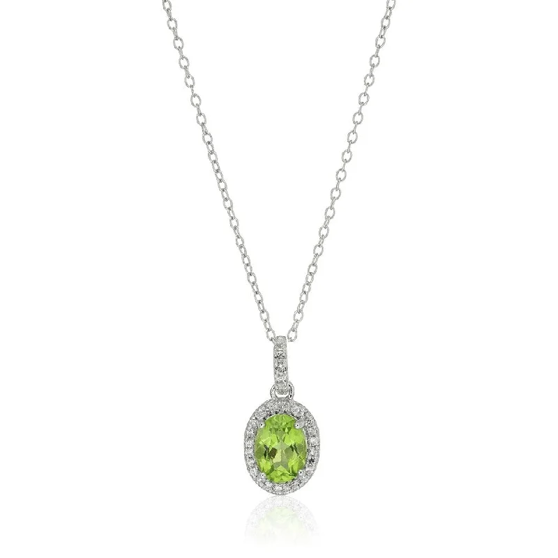 silver name necklace-Sterling Silver Oval Peridot and White Topaz Pendant Necklace, 18"