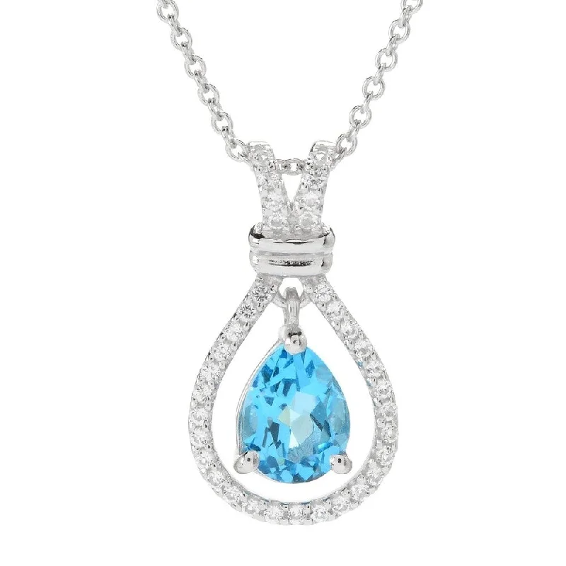 large pendant necklace-Sterling Silver Pear Cut Swiss Blue Topaz & White Topaz Halo Pendant w/ 18" Chain