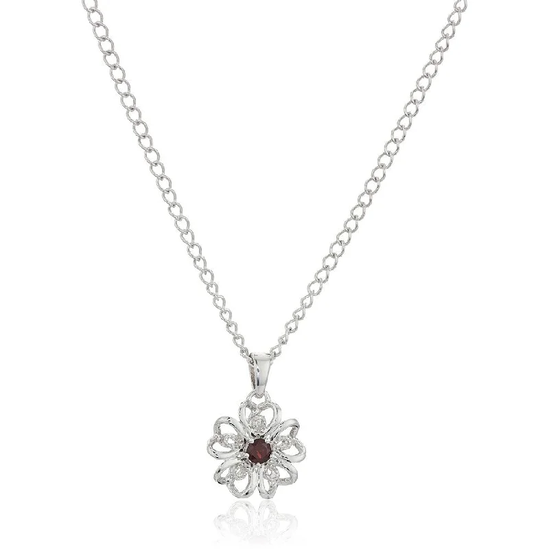 gold pendant necklace for women-Sterling Silver Red Garnet Black Flower Pendant Necklace, 18"