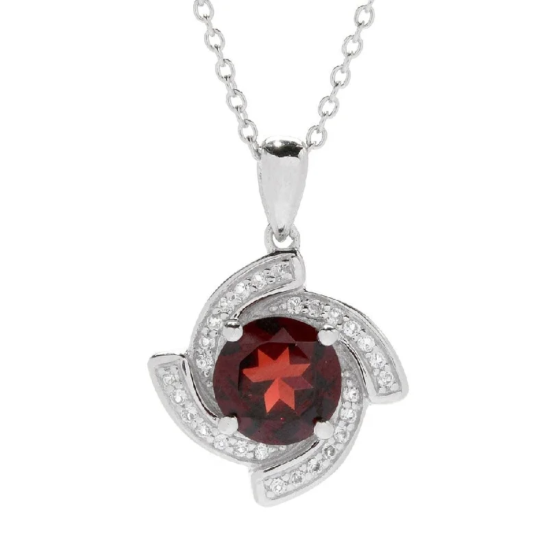 simple gold charm necklace-Sterling Silver Red Garnet & White Topaz Twist Halo Pendant w/ 18" Chain