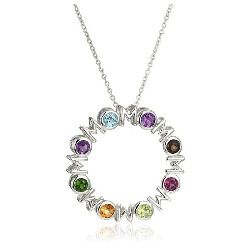 long gemstone pendant necklace-Sterling Silver Round Multi Gemstone "Mom" Pendant w/ 18" Cable Chain