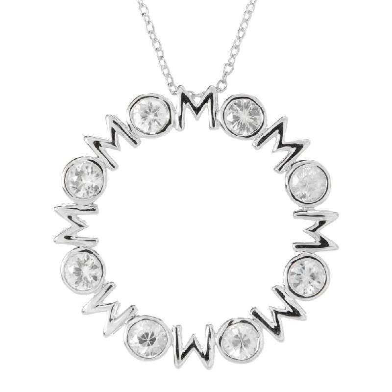 unique charm pendant necklace-Sterling Silver Round White Zircon "Mom" Pendant w/ 18" Cable Chain