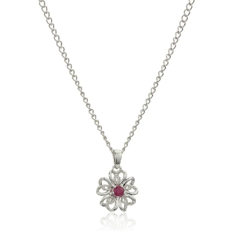 double gemstone necklace-Sterling Silver Ruby Black Flower Pendant Necklace, 18" - Red